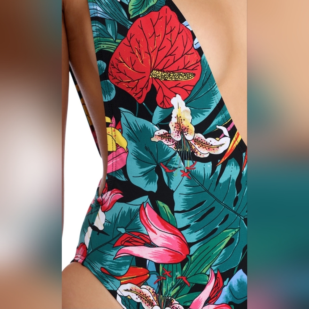 Sale‼️ Windsor Black Tropical Floral Plunge One-Piece Swimsuit - Picture 3 of 7